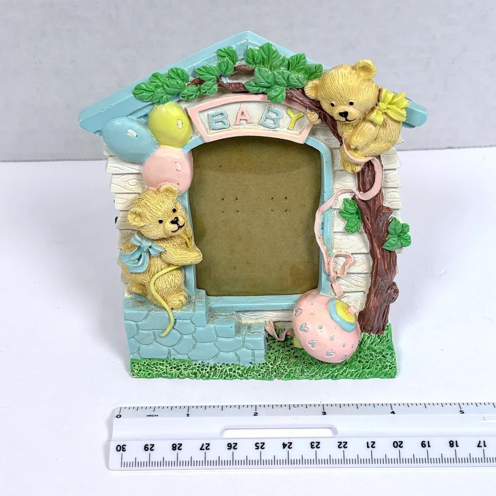 Vtg 90s Baby TeddyBear Photo Frame 3D Resin Nursery Decor Whimsical Keepsake